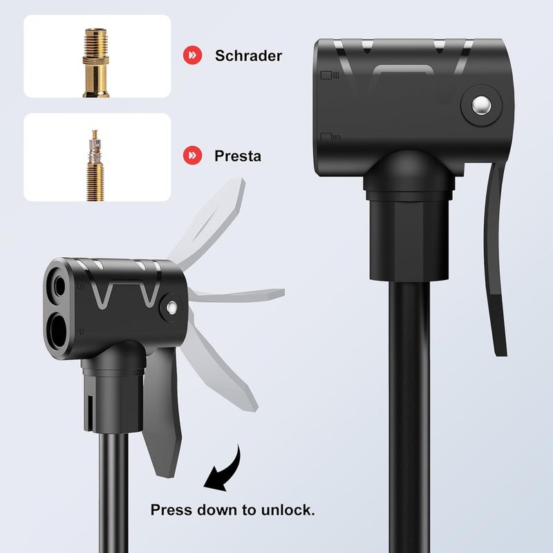 ATVEE Bike Pump, 25” Height Full Size Bicycle Pump with 160 PSI High Pressure, Bike tire Pump with Presta and Schrader Valve, Bike Air Pump for Bike Tires, Balls and Swimming Ring,Bike Pumps with Psi Gauge… - Image 4